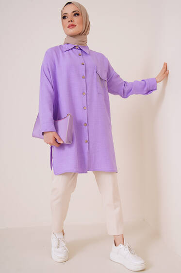 Meloni Tek Cepli Keten Gömlek Lila - Gömlek