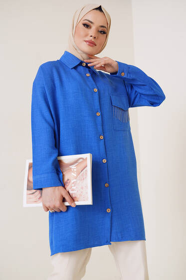 Meloni Tek Cepli Keten Gömlek Saks - Gömlek