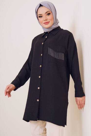 Meloni Tek Cepli Keten Gömlek Siyah - Gömlek