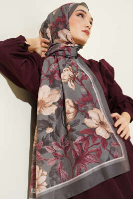 Menekşe Desen Modal Şal Füme - Başörtüsü