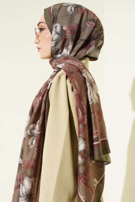 Menekşe Desen Modal Şal Haki - Başörtüsü