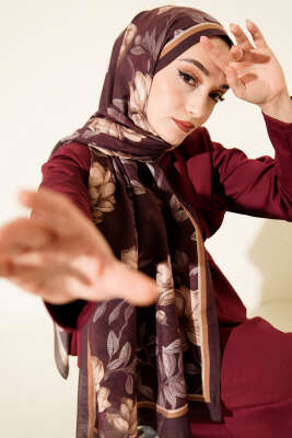 Menekşe Desen Modal Şal Kestane - VERTU (NYD TEKSTİL)