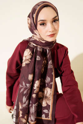 Menekşe Desen Modal Şal Kestane - Başörtüsü