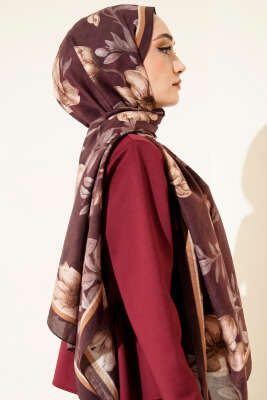Menekşe Desen Modal Şal Kestane - Başörtüsü