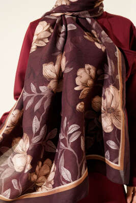 Menekşe Desen Modal Şal Kestane - Başörtüsü