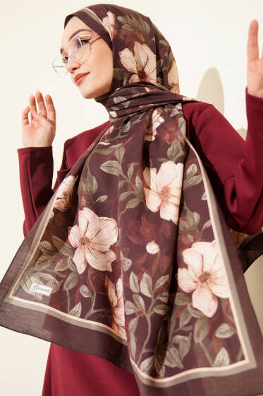 Menekşe Desen Modal Şal Koyu Kahve - Başörtüsü