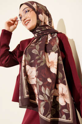 Menekşe Desen Modal Şal Koyu Kahve - Başörtüsü