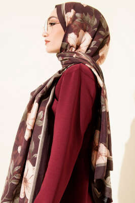 Menekşe Desen Modal Şal Koyu Kahve - Başörtüsü