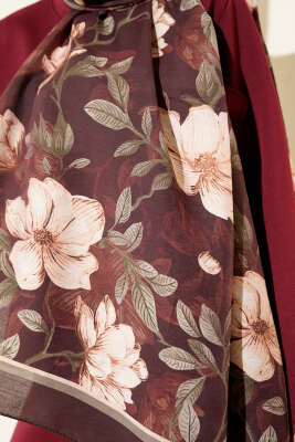 Menekşe Desen Modal Şal Koyu Kahve - Başörtüsü