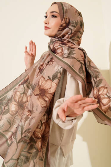 Menekşe Desen Modal Şal Kum Bej - Başörtüsü