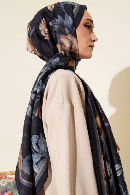 Menekşe Desen Modal Şal Lacivert - Başörtüsü