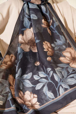 Menekşe Desen Modal Şal Lacivert - Başörtüsü