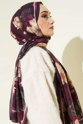 Menekşe Desen Modal Şal Mürdüm - Başörtüsü