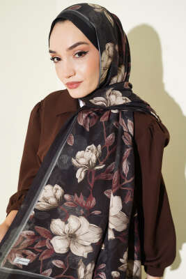 Menekşe Desen Modal Şal Siyah Kahve - Başörtüsü