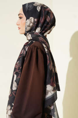 Menekşe Desen Modal Şal Siyah Kahve - Başörtüsü