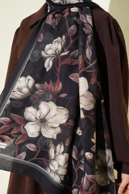 Menekşe Desen Modal Şal Siyah Kahve - Başörtüsü