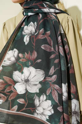 Menekşe Desen Modal Şal Zümrüt Beyaz - Başörtüsü