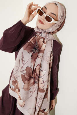 Menekşe Desen Şerit Geçişli Şal Bej 