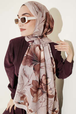 Menekşe Desen Şerit Geçişli Şal Bej - Başörtüsü