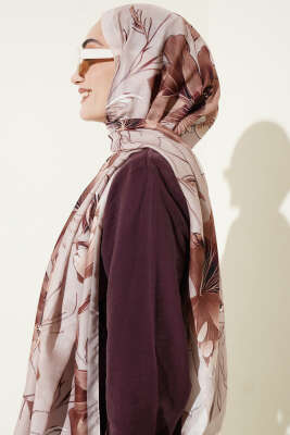 Menekşe Desen Şerit Geçişli Şal Bej - Başörtüsü