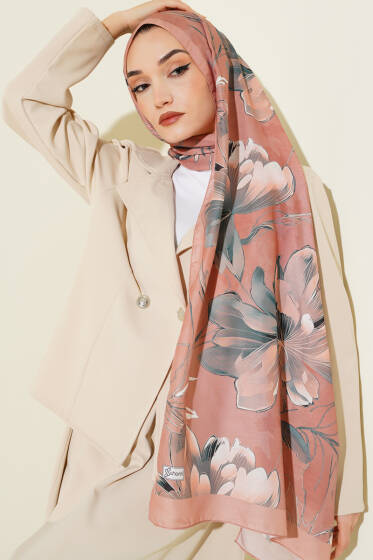 Menekşe Desen Şerit Geçişli Şal Camel - Başörtüsü