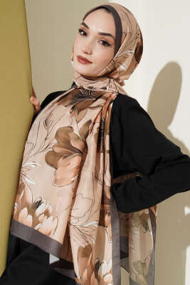 Menekşe Desen Şerit Geçişli Şal Kamuflaj Yeşili - Başörtüsü