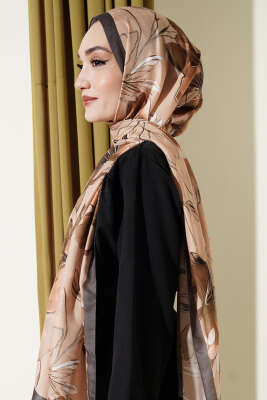 Menekşe Desen Şerit Geçişli Şal Kamuflaj Yeşili - Başörtüsü