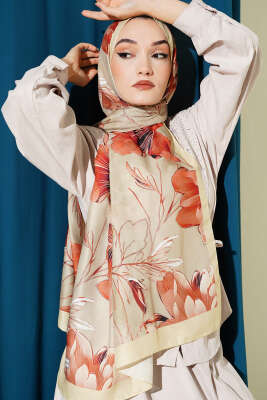 Menekşe Desen Şerit Geçişli Şal Sarı - Başörtüsü