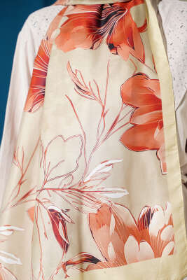 Menekşe Desen Şerit Geçişli Şal Sarı - Başörtüsü