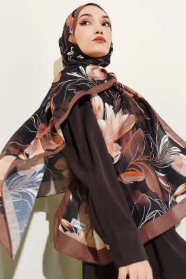Menekşe Desen Şerit Geçişli Şal Siyah Kahve - VERTU (NYD TEKSTİL)
