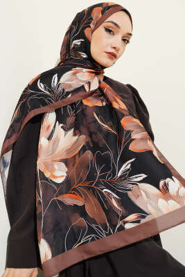 Menekşe Desen Şerit Geçişli Şal Siyah Kahve - Başörtüsü