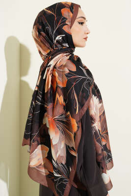 Menekşe Desen Şerit Geçişli Şal Siyah Kahve - Başörtüsü