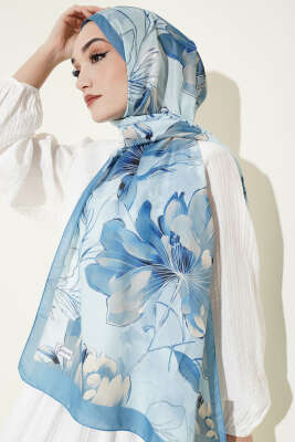 Menekşe Desen Şerit Geçişli Şal Soft Mavi 