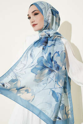Menekşe Desen Şerit Geçişli Şal Soft Mavi - Başörtüsü