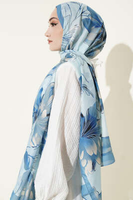 Menekşe Desen Şerit Geçişli Şal Soft Mavi - Başörtüsü