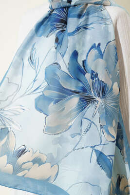 Menekşe Desen Şerit Geçişli Şal Soft Mavi - Başörtüsü