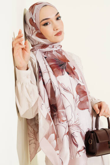 Menekşe Desen Şerit Geçişli Şal Somon - Başörtüsü