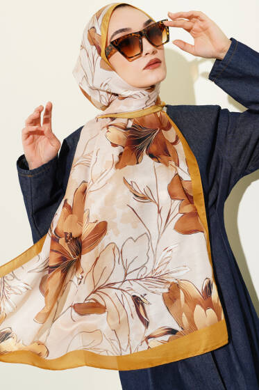 Menekşe Desen Şerit Geçişli Şal Yağ Yeşili - Başörtüsü