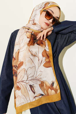 Menekşe Desen Şerit Geçişli Şal Yağ Yeşili - Başörtüsü