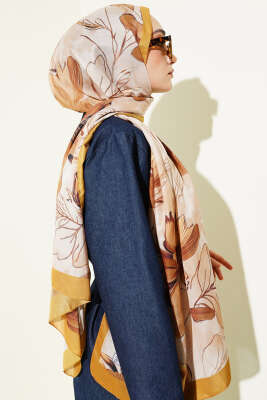 Menekşe Desen Şerit Geçişli Şal Yağ Yeşili - Başörtüsü