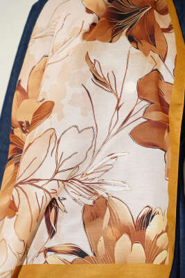 Menekşe Desen Şerit Geçişli Şal Yağ Yeşili - Başörtüsü