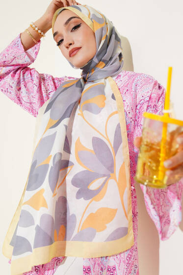 Menekşe Desen Soft Şal Sarı - Başörtüsü