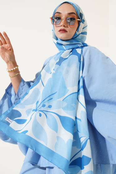 Menekşe Desen Soft Şal Soft Mavi - Başörtüsü