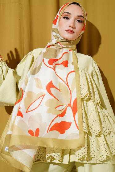 Menekşe Desen Soft Şal Yağ Yeşili - Başörtüsü