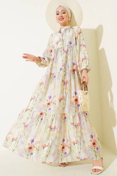 Menekşe Ebruli Desenli Elbise Çağla Yeşili - Elbise