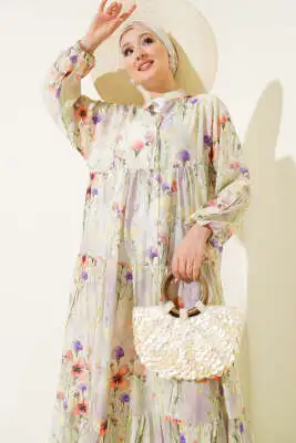 Menekşe Ebruli Desenli Elbise Çağla Yeşili - Tesettür Elbise