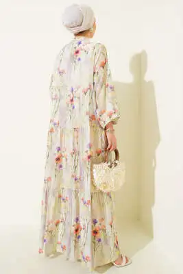 Menekşe Ebruli Desenli Elbise Çağla Yeşili - Tesettür Elbise