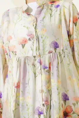 Menekşe Ebruli Desenli Elbise Çağla Yeşili - Tesettür Elbise