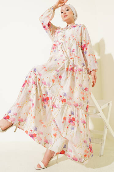 Menekşe Ebruli Desenli Elbise Yeşil - Elbise