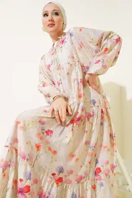 Menekşe Ebruli Desenli Elbise Yeşil - Tesettür Elbise